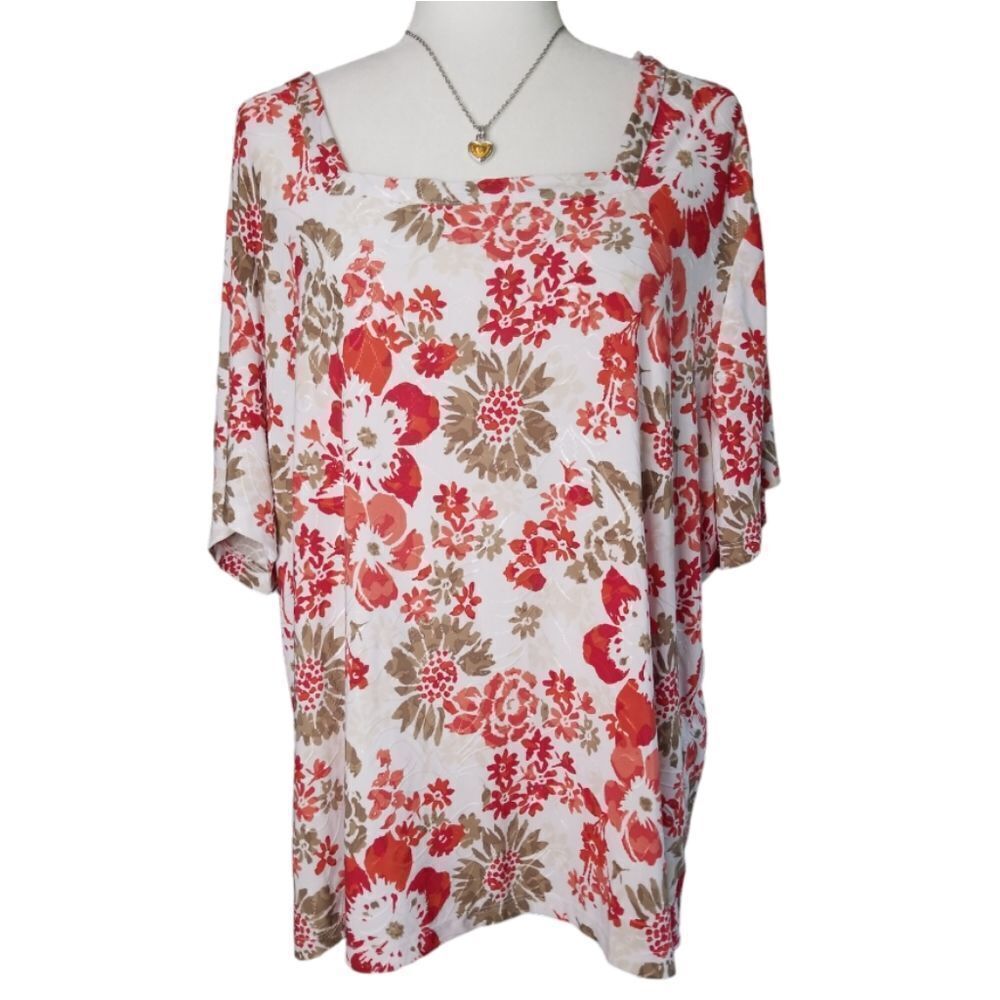 JM Collection Pullover Short Sleeve White with Red and Tan Floral Size 3X